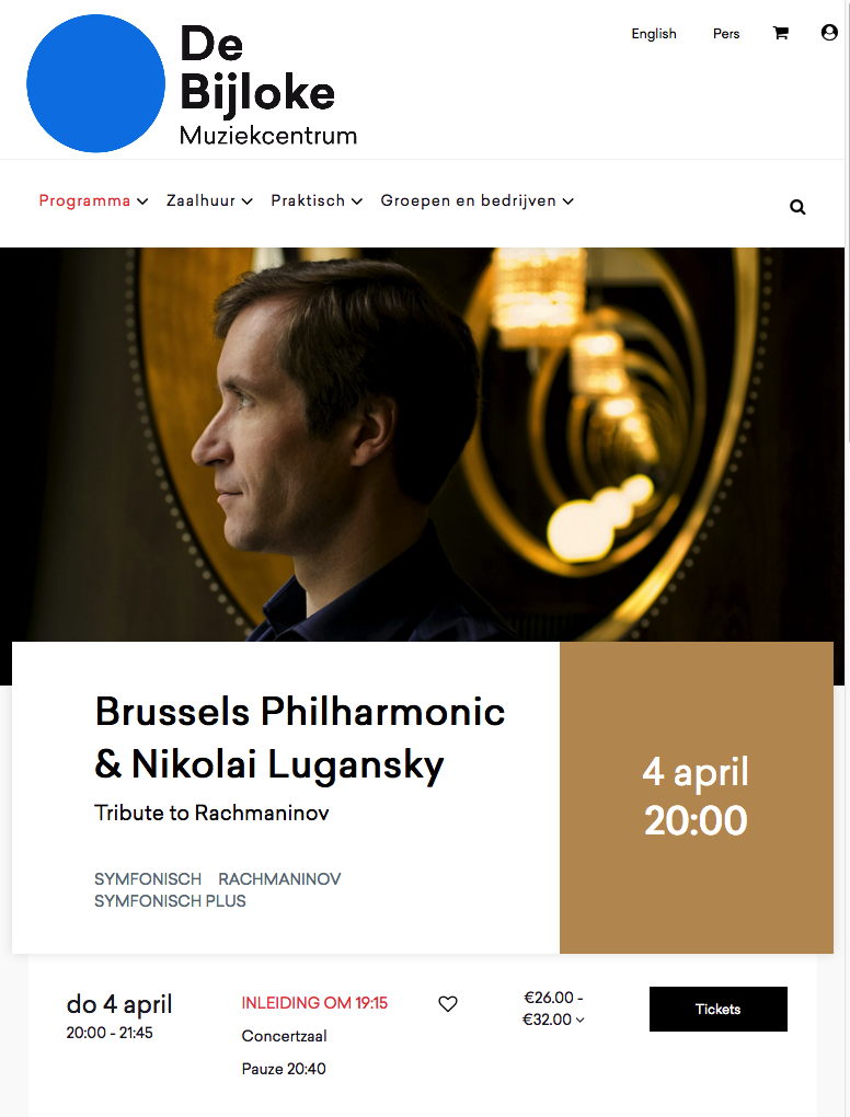 Page Internet. De Bijloke, Gent. Brussels Philharmonic & Nikolai Lugansky - Tribute to Rachmaninov. 2019-04-04